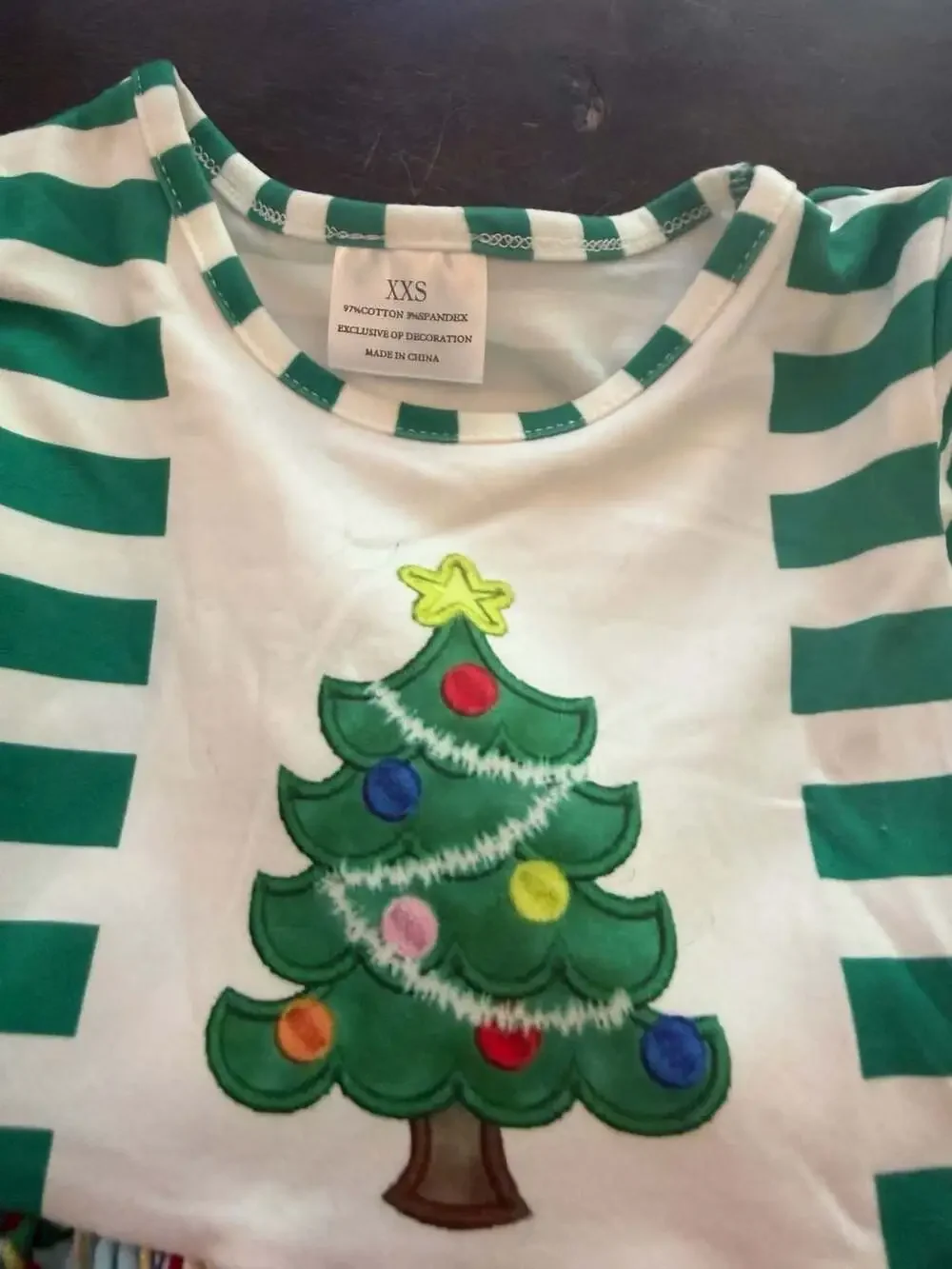 Girls Christmas Tree Patchwork Long Sleeve Ruffle Dress Green Striped Size 18m